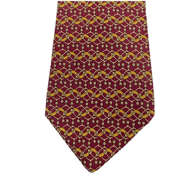 HERMES Mens Necktie Silk Red Yellow Print Made in France Luxury Tie Equestrian - Picture 4 of 10